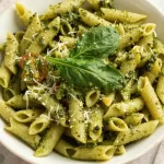 Bowl of creamy pesto pasta garnished with fresh basil and cherry tomatoes