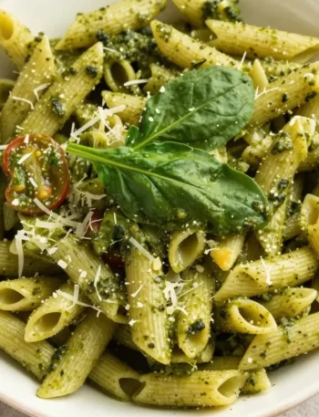 Bowl of creamy pesto pasta garnished with fresh basil and cherry tomatoes