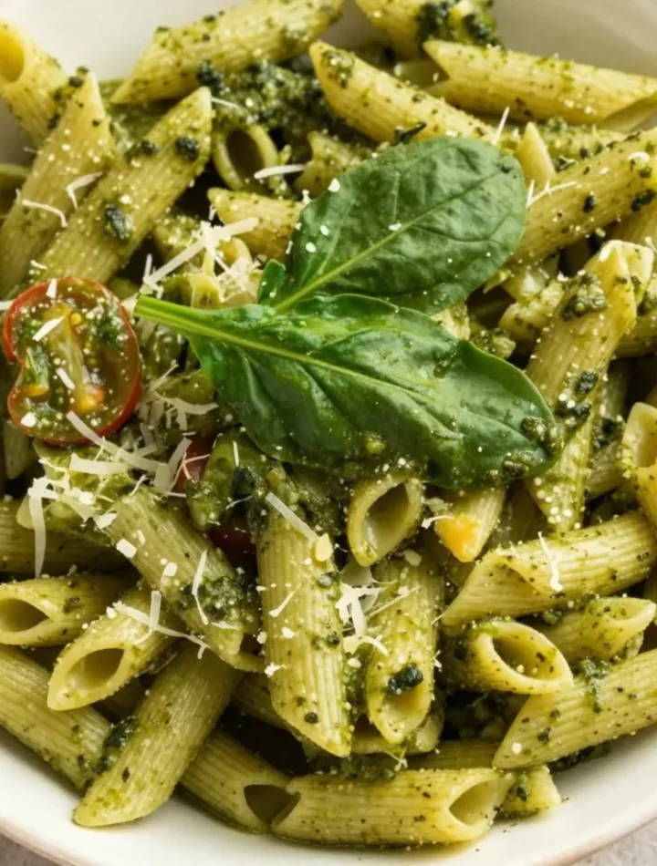 Bowl of creamy pesto pasta garnished with fresh basil and cherry tomatoes