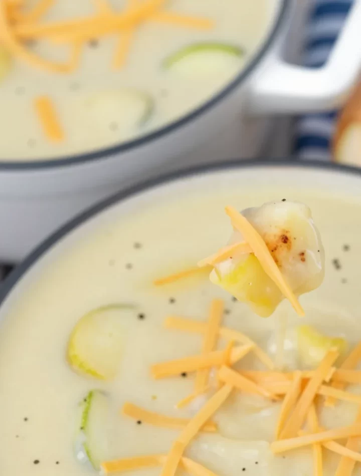 Bowl of minute creamy zucchini soup garnished with fresh herbs