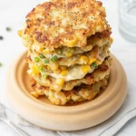Crispy corn fritters served on a plate with dipping sauce