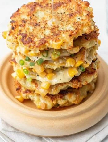 Crispy corn fritters served on a plate with dipping sauce