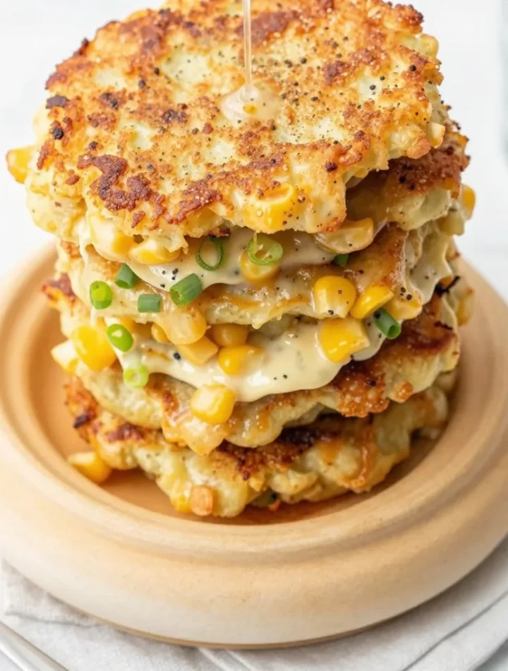 Crispy corn fritters served on a plate with dipping sauce