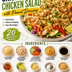Delicious crispy rice chicken salad with peanut dressing on a serving plate.