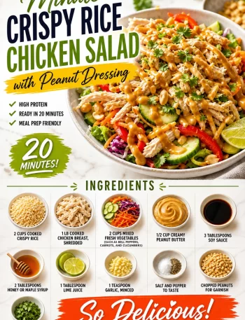 Delicious crispy rice chicken salad with peanut dressing on a serving plate.
