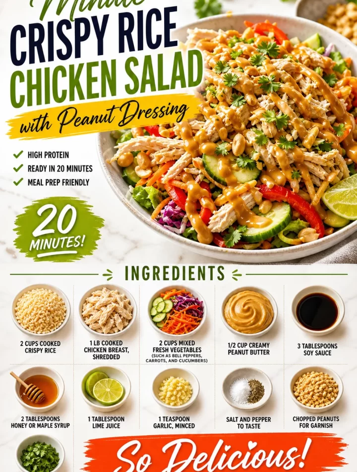 Delicious crispy rice chicken salad with peanut dressing on a serving plate.