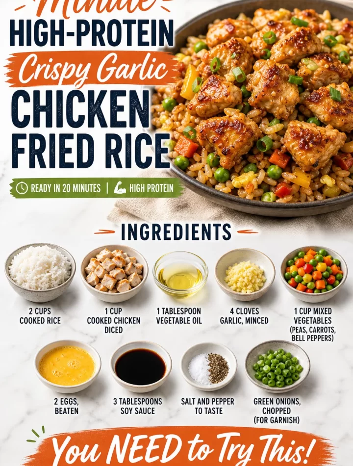 High-Protein Crispy Garlic Chicken Fried Rice served in a bowl with garnishes.