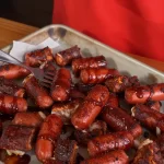 Delicious hot dog burnt ends served on a BBQ platter