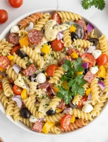 A vibrant bowl of Minute Italian Pasta Salad with fresh veggies and zesty dressing