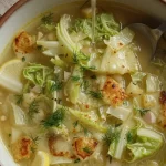 Bowl of Minute Lemon Dill Cabbage Soup garnished with fresh dill.