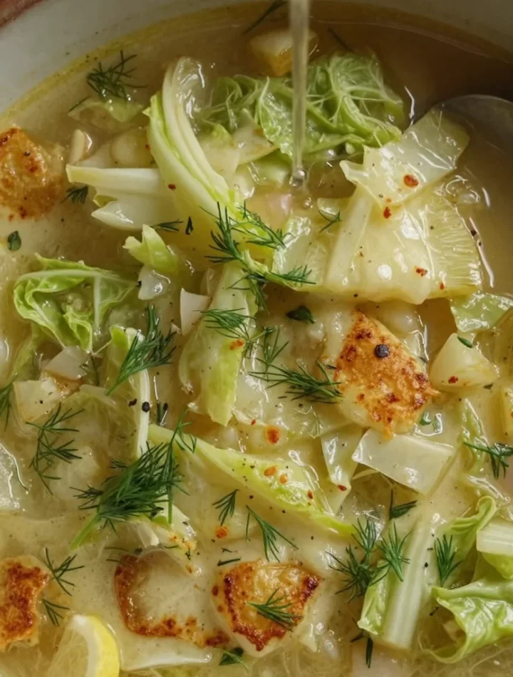 Bowl of Minute Lemon Dill Cabbage Soup garnished with fresh dill.