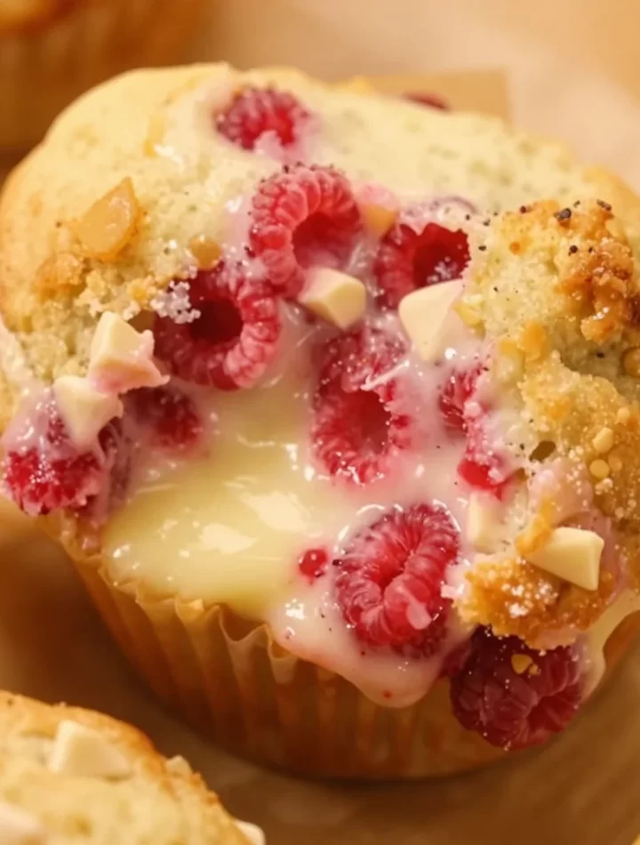 Delicious white chocolate raspberry muffins in a baking tray