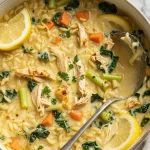 One-pot lemon chicken orzo soup served in a bowl garnished with herbs