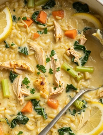 One-pot lemon chicken orzo soup served in a bowl garnished with herbs