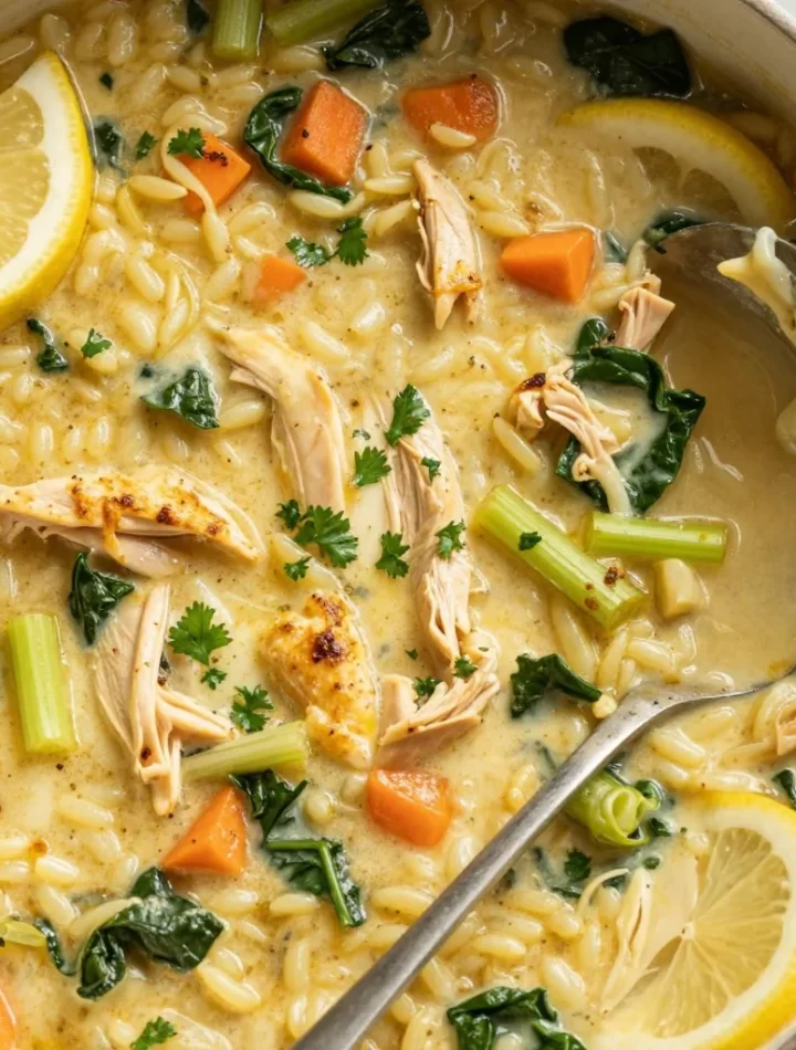 One-pot lemon chicken orzo soup served in a bowl garnished with herbs