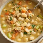 Bowl of one-pot Tuscan White Bean Soup with fresh herbs and vegetables