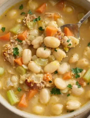 Bowl of one-pot Tuscan White Bean Soup with fresh herbs and vegetables