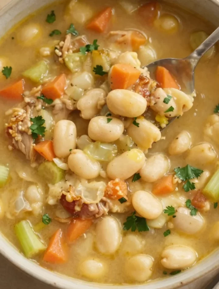 Bowl of one-pot Tuscan White Bean Soup with fresh herbs and vegetables