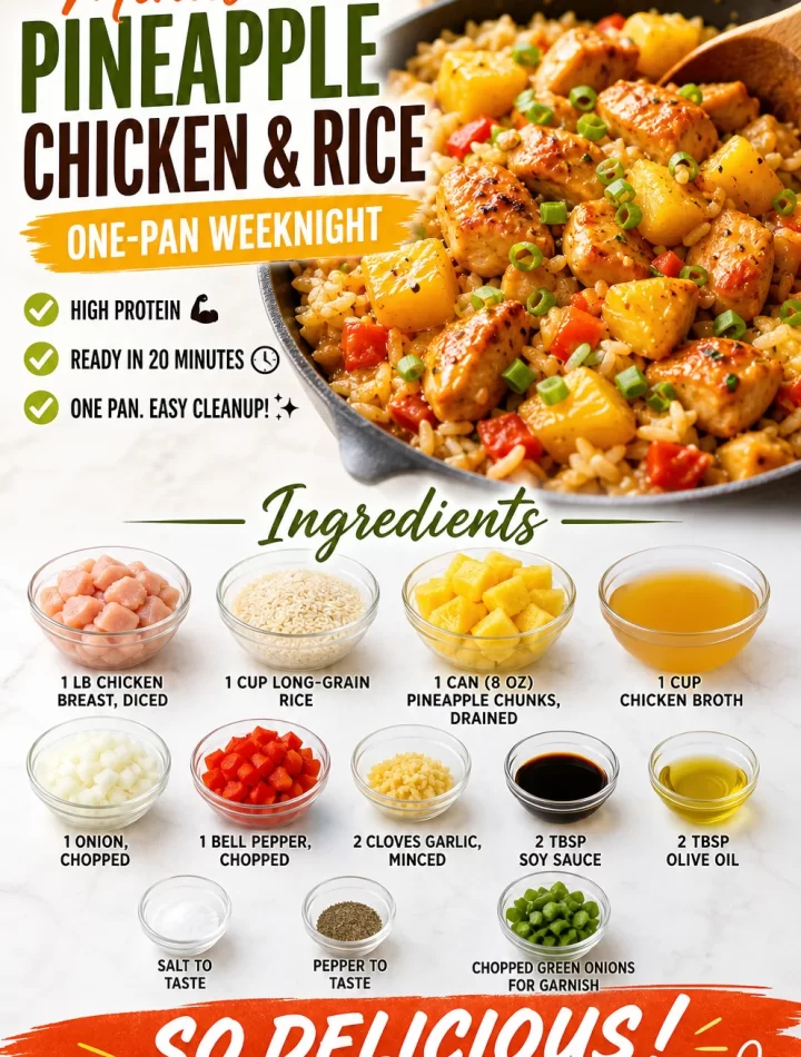One-pan Minute Pineapple Chicken and Rice meal plated for a weeknight dinner