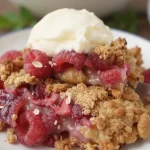 Delicious minute raspberry crumble dessert with fresh raspberries and crumble topping