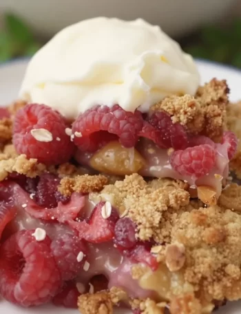 Delicious minute raspberry crumble dessert with fresh raspberries and crumble topping