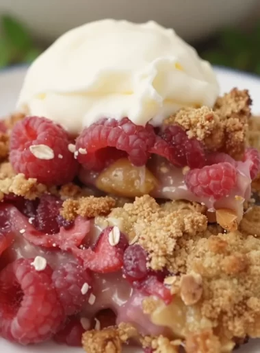 Delicious minute raspberry crumble dessert with fresh raspberries and crumble topping