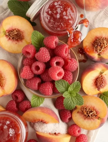 A jar of Minute Raspberry Peach Jam on a breakfast table with toast and fresh peaches.