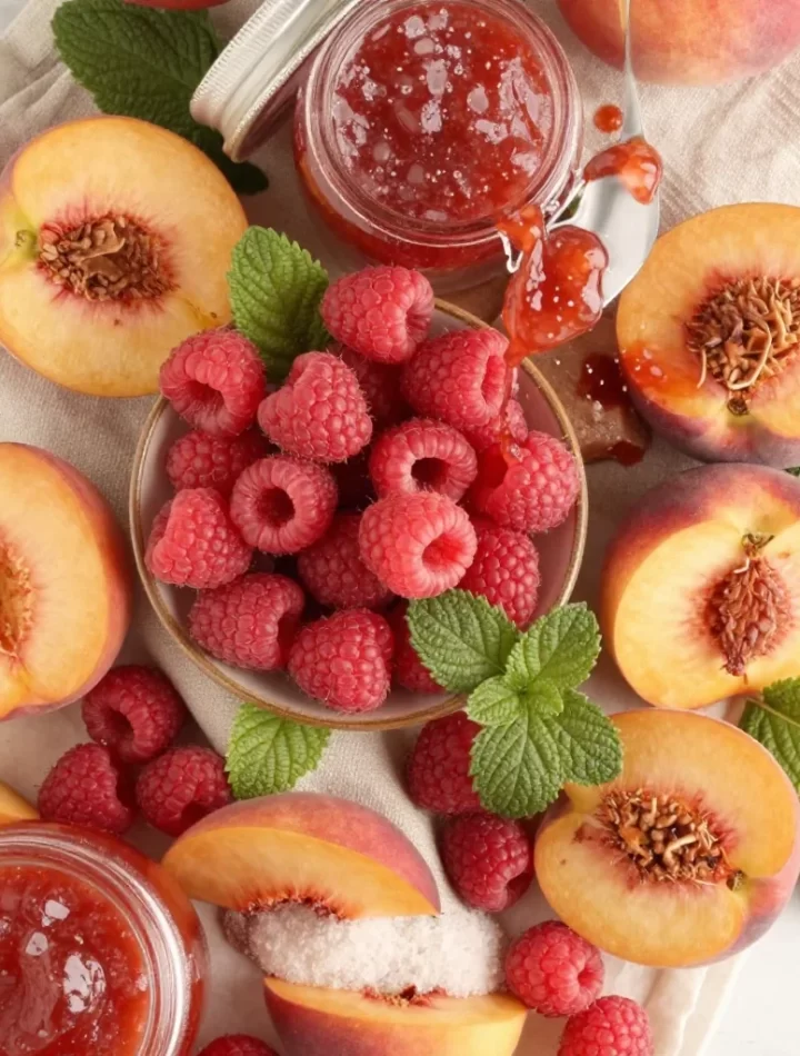 A jar of Minute Raspberry Peach Jam on a breakfast table with toast and fresh peaches.