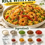 Delicious shrimp basmati rice served with green peas for a quick weeknight meal.