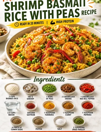 Delicious shrimp basmati rice served with green peas for a quick weeknight meal.