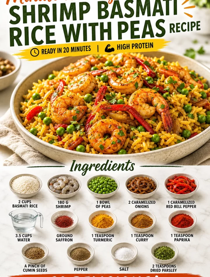 Delicious shrimp basmati rice served with green peas for a quick weeknight meal.