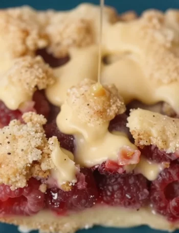 No-bake raspberry crumb bars topped with crumbs, served on a dessert plate.