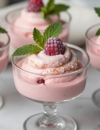 Delicious no-bake raspberry mousse dessert topped with fresh raspberries.