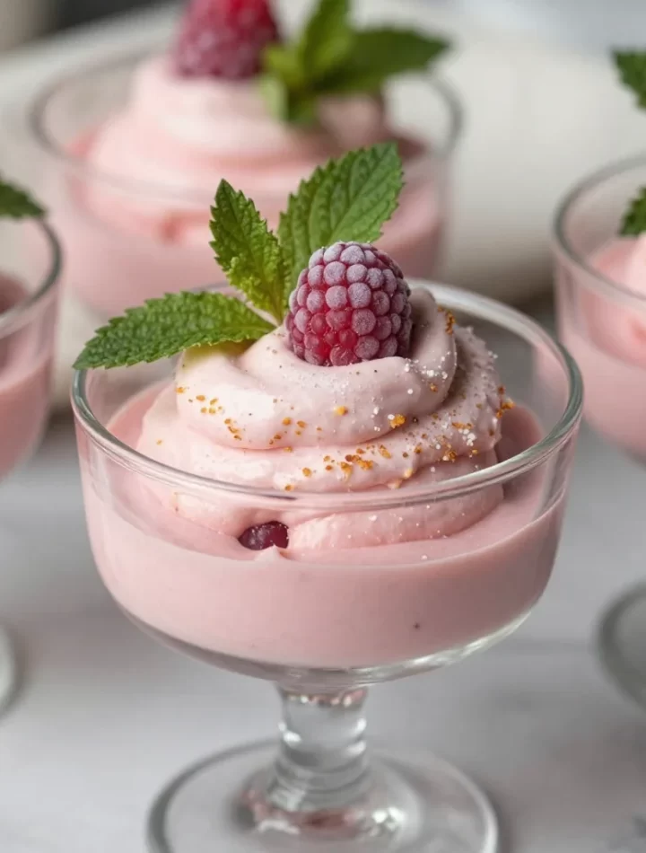 Delicious no-bake raspberry mousse dessert topped with fresh raspberries.