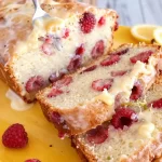 Delicious one-bowl raspberry lemon loaf fresh out of the oven.
