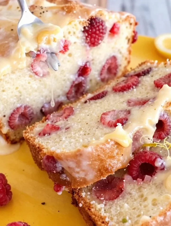 Delicious one-bowl raspberry lemon loaf fresh out of the oven.