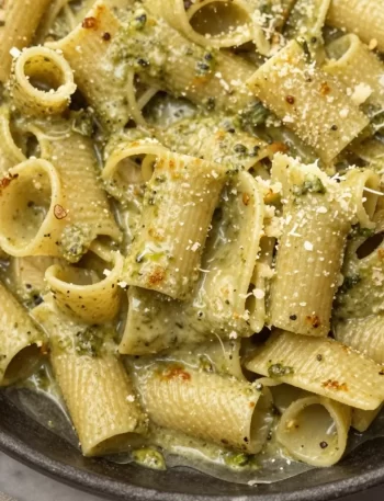 One-pan creamy pesto pasta dish topped with fresh basil and cheese