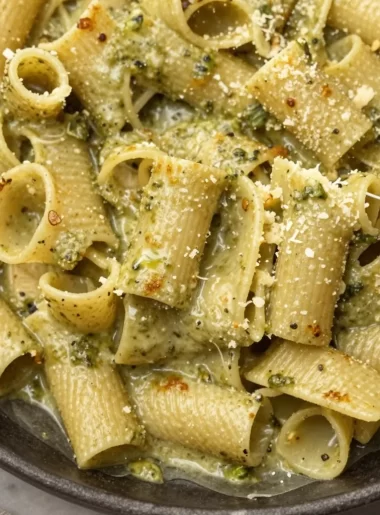 One-pan creamy pesto pasta dish topped with fresh basil and cheese