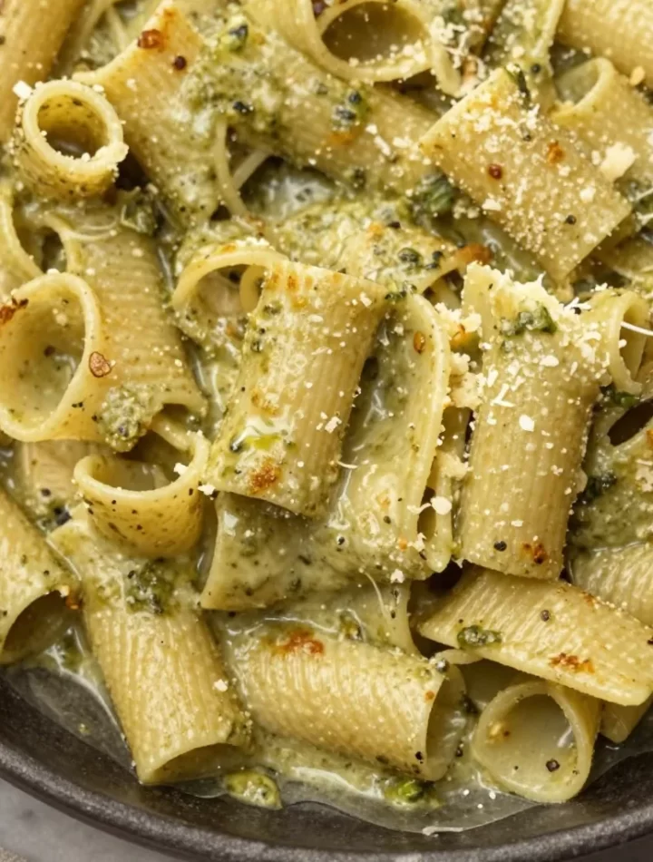 One-pan creamy pesto pasta dish topped with fresh basil and cheese