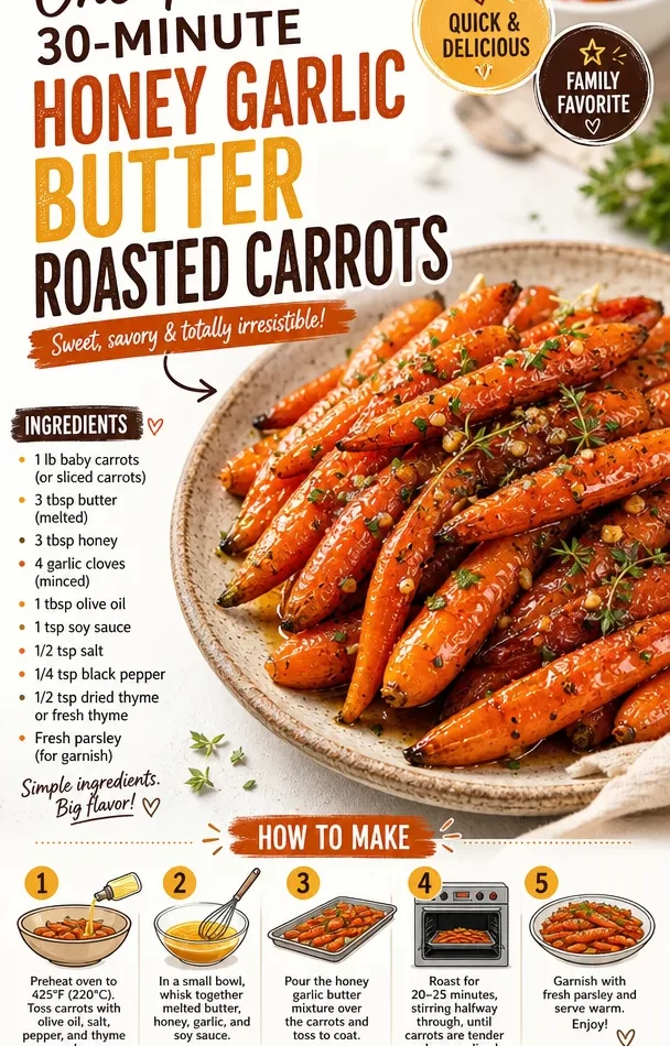 Honey garlic butter roasted carrots in a pan, garnished and ready to serve.