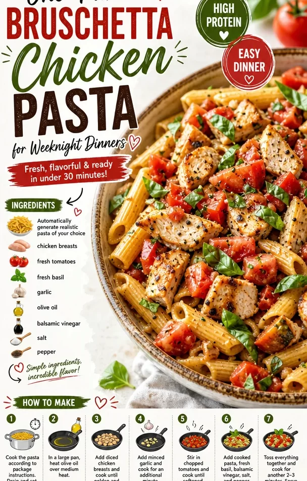 One-Pan Bruschetta Chicken Pasta dish with vibrant tomatoes and herbs