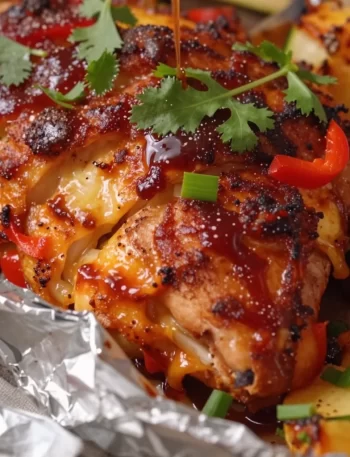 One-Pan Campfire Pineapple BBQ Chicken Foil Packets ready for grilling
