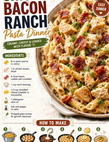 One-Pan Chicken Bacon Ranch Pasta Dinner in a skillet with chicken, bacon, and pasta