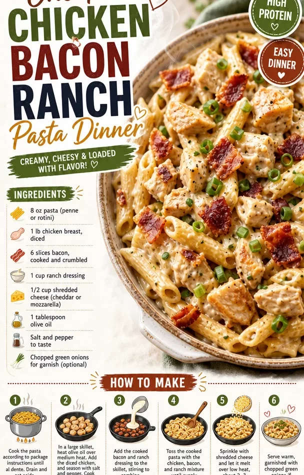 One-Pan Chicken Bacon Ranch Pasta Dinner in a skillet with chicken, bacon, and pasta