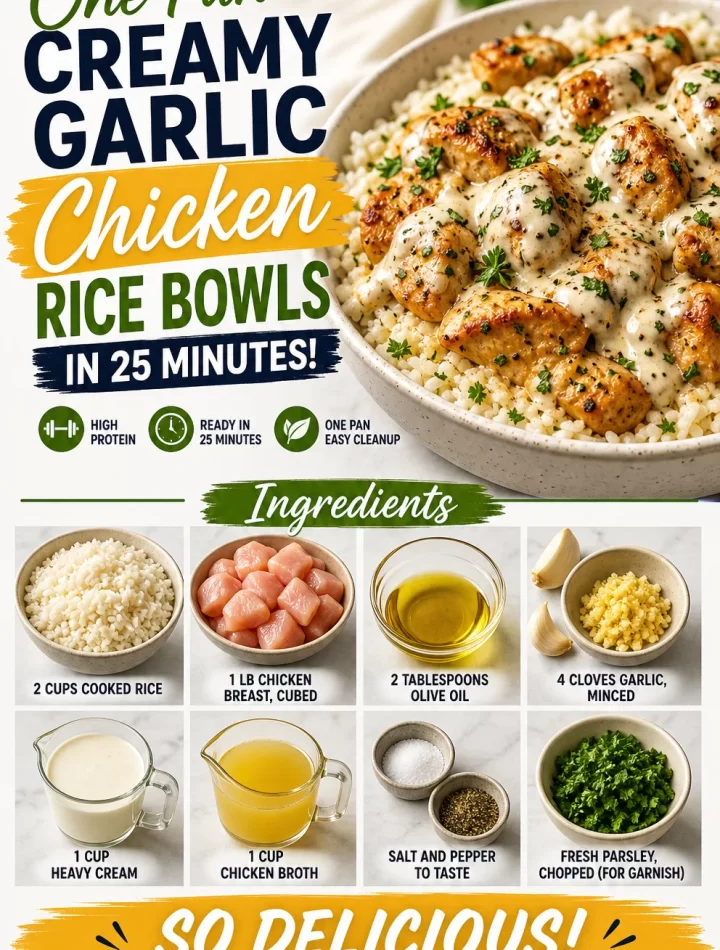 One-Pan Creamy Garlic Chicken Rice Bowl with fresh ingredients