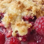 One-pan raspberry crumble dessert topped with golden oats and fresh raspberries