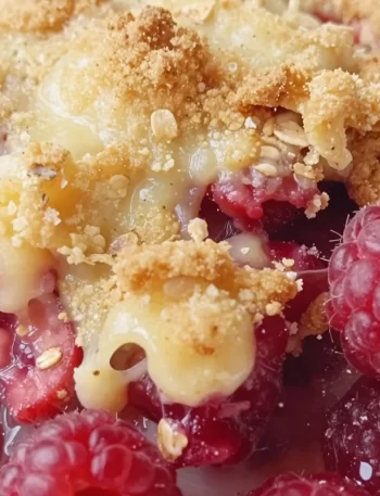 One-pan raspberry crumble dessert topped with golden oats and fresh raspberries