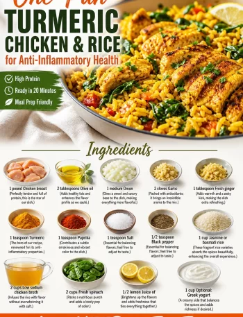 One-Pan Turmeric Chicken & Rice dish with vibrant spices for anti-inflammatory health.