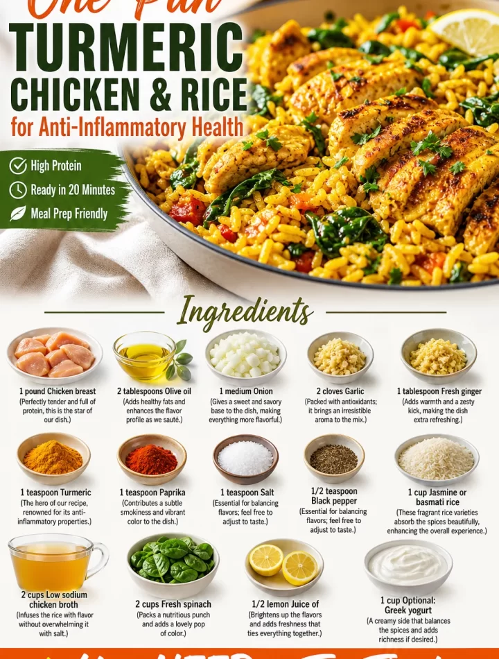 One-Pan Turmeric Chicken & Rice dish with vibrant spices for anti-inflammatory health.