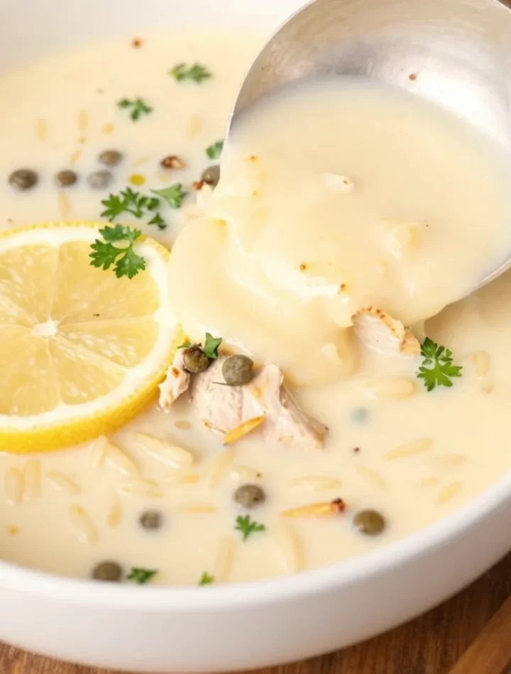 Creamy lemon chicken orzo soup in a pot, perfect for cozy weeknight meals